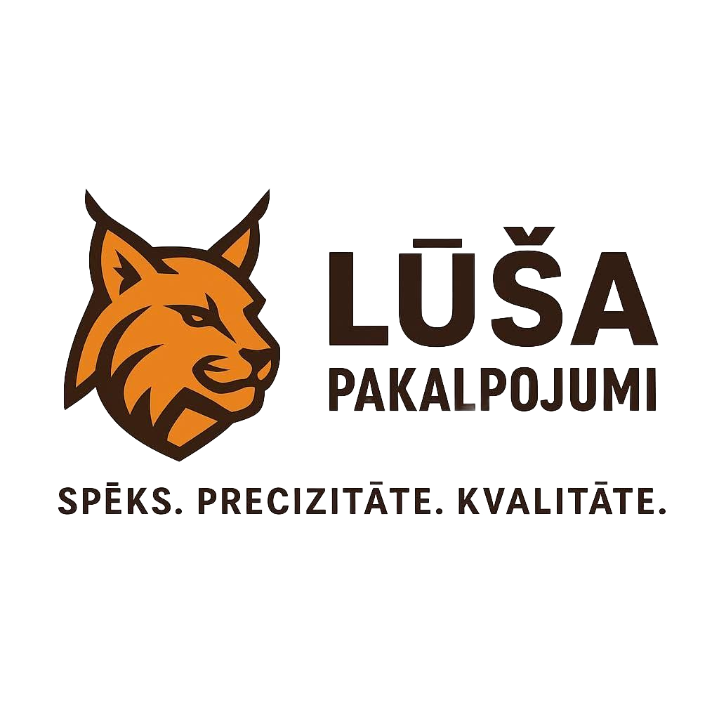 Orange fox logo with “LŪŠA PAKALPOJUMI” and the slogan “SPĒKS. PRECIZITĀTE. KVALITĀTE.”