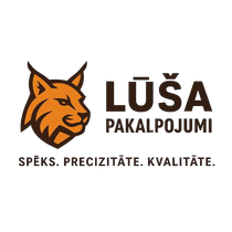 Orange fox logo with “LŪŠA PAKALPOJUMI” and the slogan “SPĒKS. PRECIZITĀTE. KVALITĀTE.”