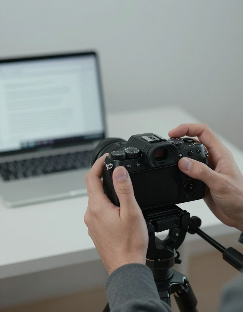 Hands adjusting camera with marketing brief in background