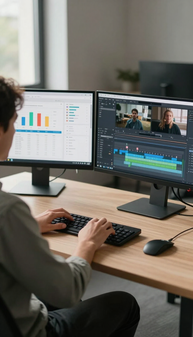 Freelancer at desk with marketing dashboard and video timeline