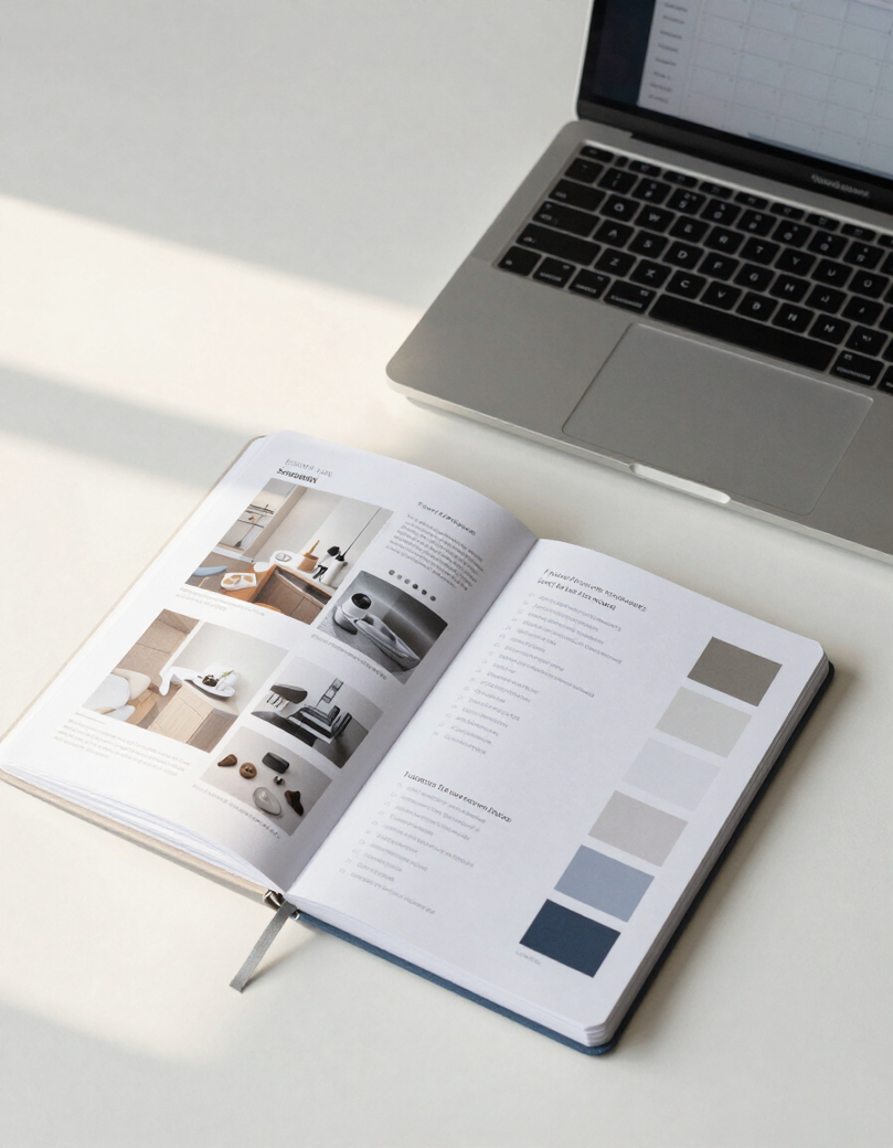 Marketing workspace with brand strategy materials