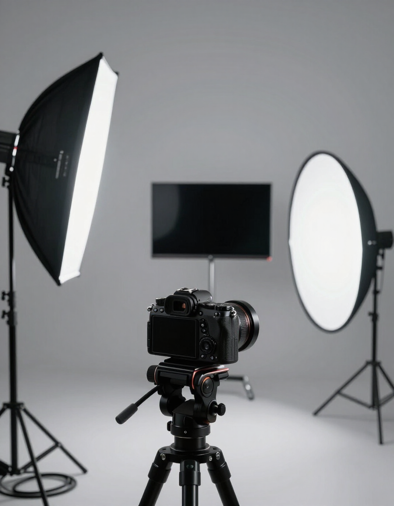 Video production scene with camera rig in studio
