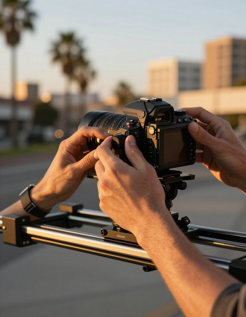 Hands adjusting a camera on a timelapse slider rig outdoors
