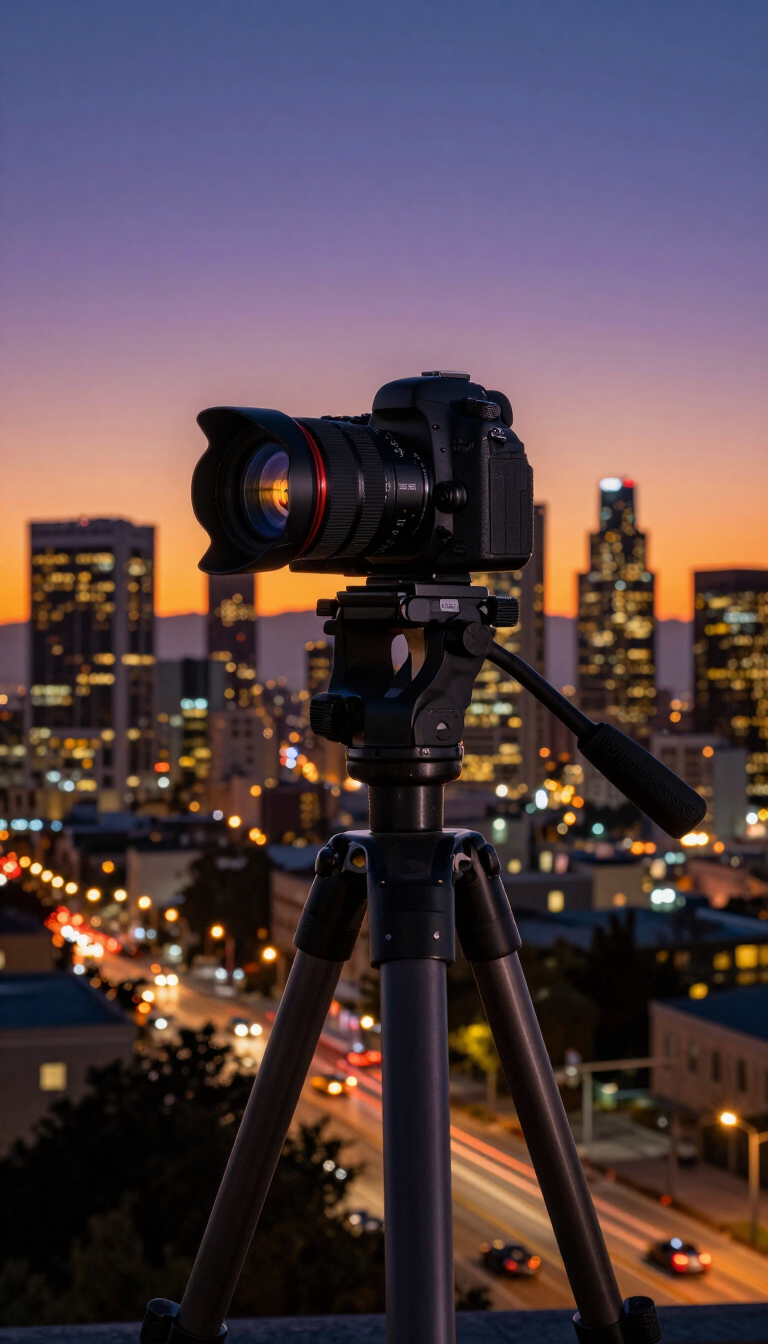 Camera set up for a timelapse shot over the Los Angeles skyline at dusk