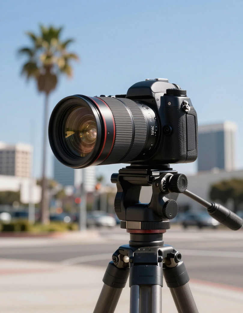 Camera on a tripod outdoors in natural light, focused on the gear