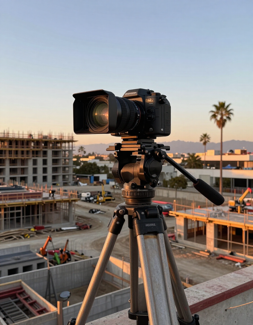Timelapse camera rig facing a Los Angeles construction site at sunrise