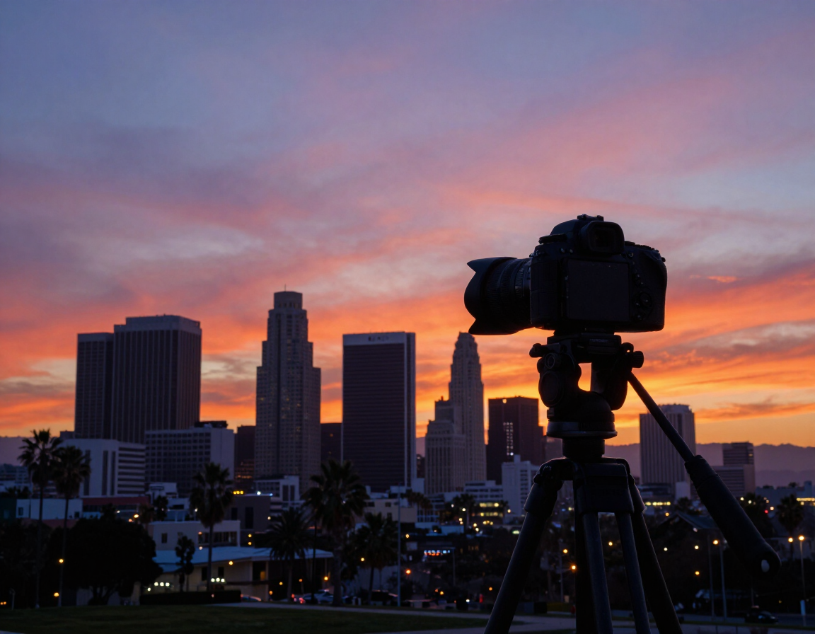 Los Angeles skyline timelapse setup at sunset