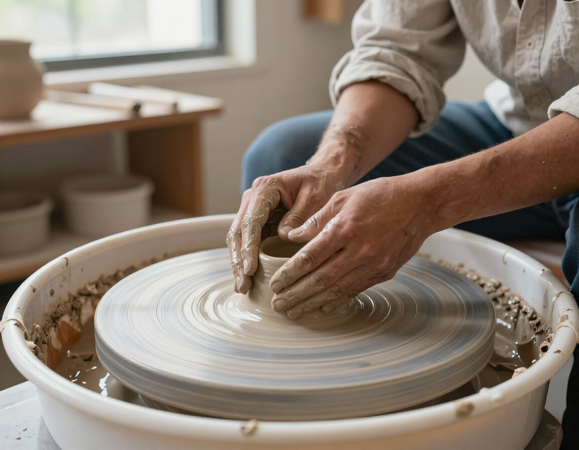 Hands working at a pottery wheel in a small studio