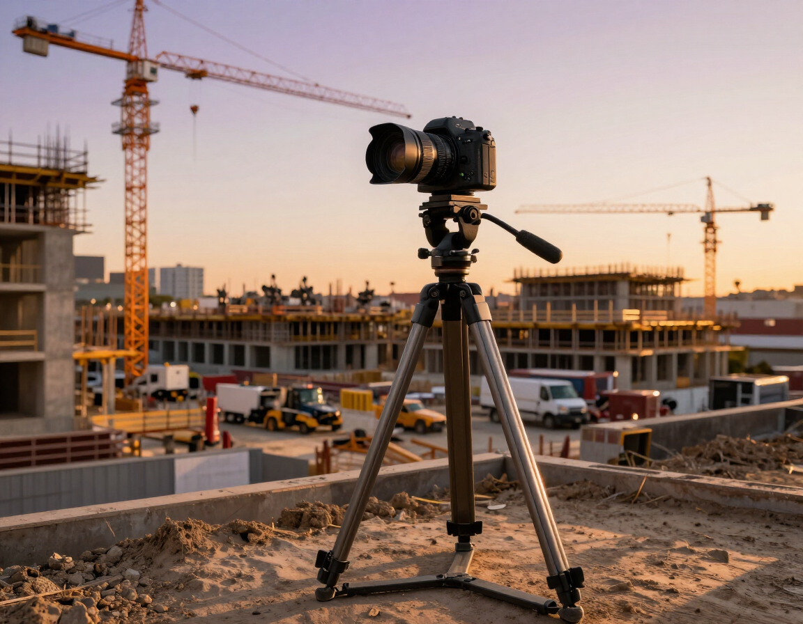 Timelapse camera mounted on a tripod overlooking a Los Angeles construction site