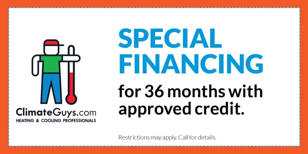 Special financing for 36 months with approved credit, ClimateGuys.com logo and mascot on white background