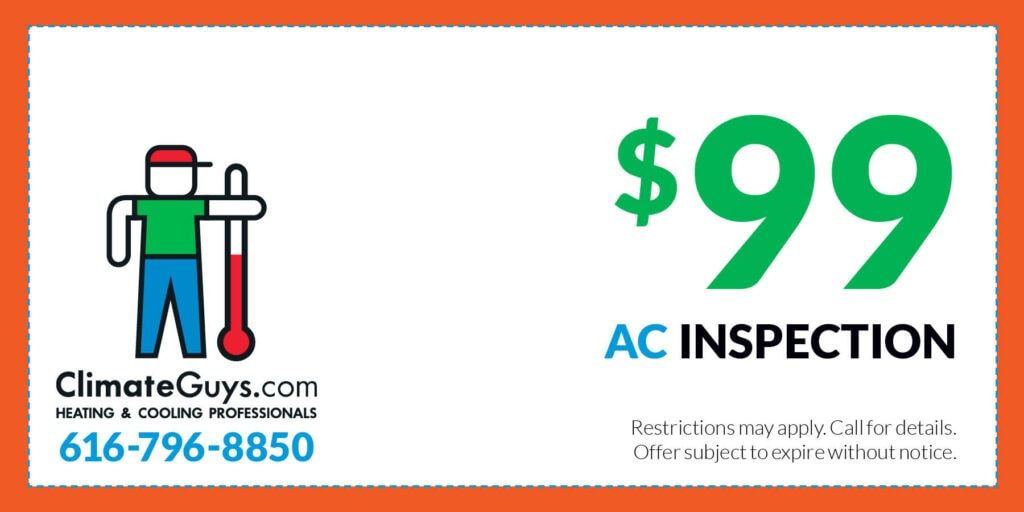 ClimateGuys.com HVAC ad: $99 AC inspection, logo, and phone number 616-796-8850