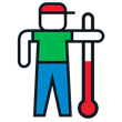 Stylized person holding a red thermometer, suggesting fever or body temperature check.