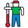 Stylized person icon holding a red thermometer, wearing a green shirt and blue pants