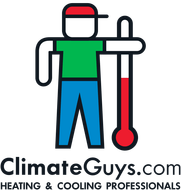 ClimateGuys.com logo with a cartoon technician beside a red thermometer, green shirt and blue pants.