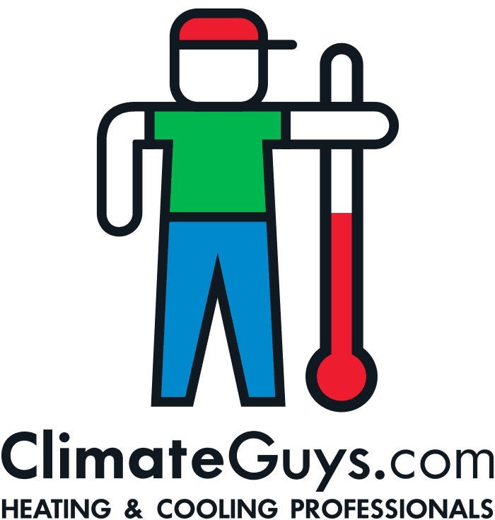 ClimateGuys.com logo with a cartoon technician beside a red thermometer, green shirt and blue pants.
