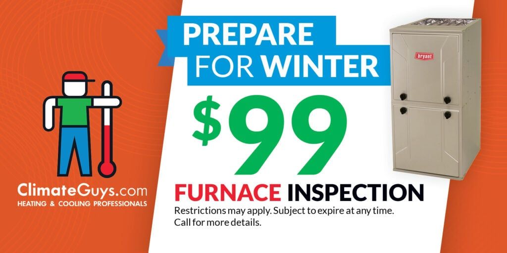 Winter furnace inspection ad with ClimateGuys.com logo, technician icon, and furnace for $99