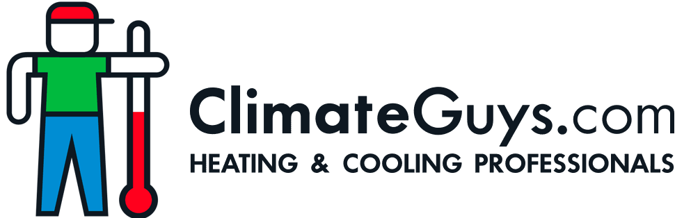 ClimateGuys.com logo with a cartoon HVAC technician holding a wrench and the tagline &ldquo;Heating & Cooling Professionals&rdquo;