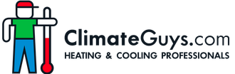 ClimateGuys.com logo with a cartoon HVAC technician holding a wrench and the tagline &ldquo;Heating & Cooling Professionals&rdquo;