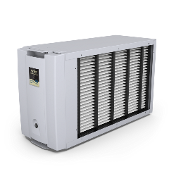 Gray HVAC air purifier with slatted front panels on a white background