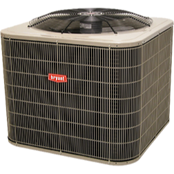 Outdoor Bryant air conditioner unit with beige casing and black fan grille