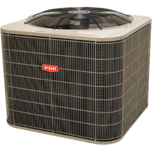 Outdoor Bryant air conditioner unit with a top-mounted fan, shown on a white background