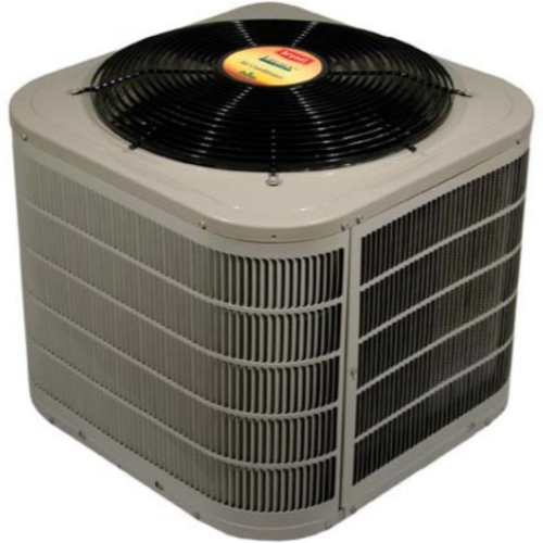 Outdoor air conditioner unit with gray sides and a black top fan
