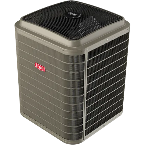 Outdoor HVAC air conditioning unit with gray sides and black top grille