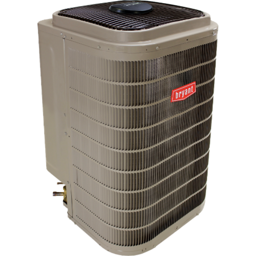 Outdoor air conditioner condenser unit in beige metal casing with a top fan grill