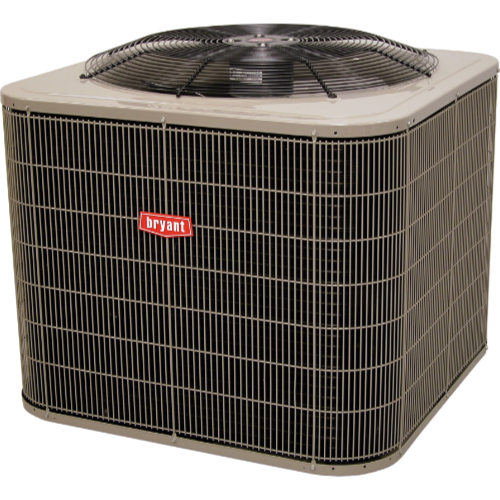 Beige Bryant outdoor air conditioner unit with top fan grille and red logo