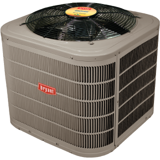 Beige outdoor air conditioner unit with a black top fan and red Bryant logo
