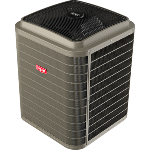 Outdoor HVAC air conditioner unit in dark gray with black top grille and red logo