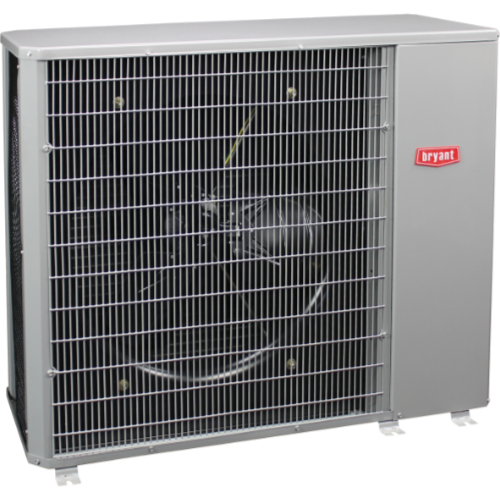Gray outdoor air conditioner unit with a front grille and red logo label