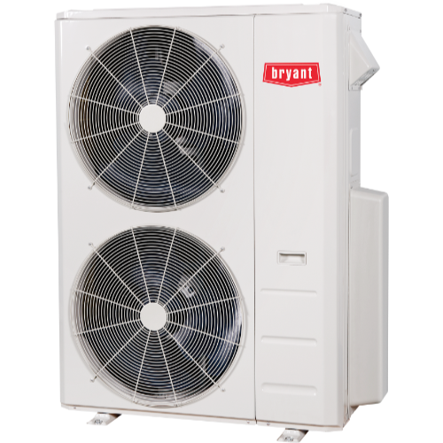 White Bryant outdoor air conditioner unit with two large front fans