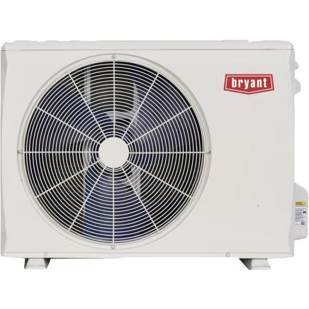White Bryant outdoor air conditioner unit with large front fan.