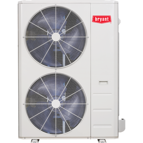 Bryant outdoor HVAC condenser unit with two large fans on a white cabinet
