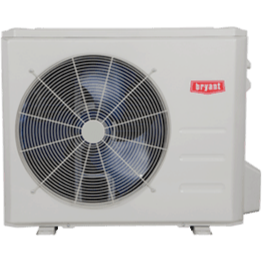 Gray Bryant outdoor air conditioning unit with a large front fan and red logo.