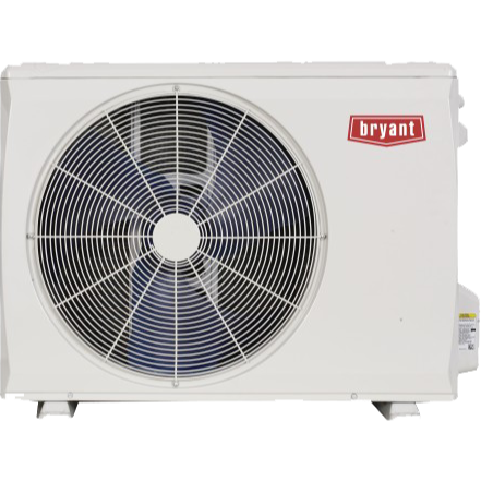 White Bryant air conditioner outdoor unit with large front fan