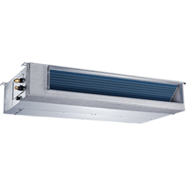 Rectangular ceiling-mounted HVAC duct unit with blue interior vents and metal housing