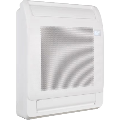 White wall-mounted air conditioner unit with front grille and vent panel