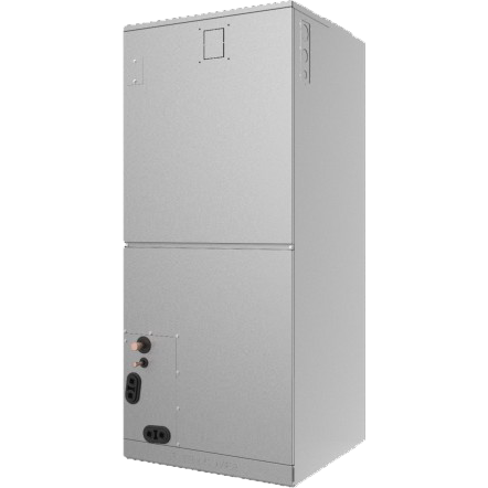 Gray industrial electrical cabinet with control buttons and ports on the lower front panel
