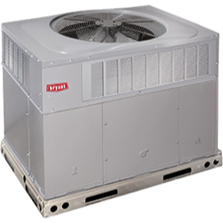 Gray Bryant rooftop air conditioning unit on a metal pallet, with top-mounted fan.