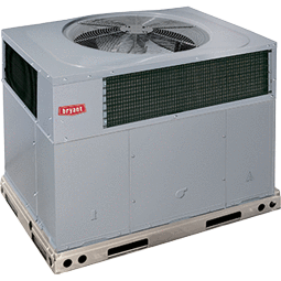 Gray rooftop HVAC unit with a top fan and side vents on a pallet