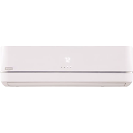 White wall-mounted air conditioner with minimalist front panel on a white background