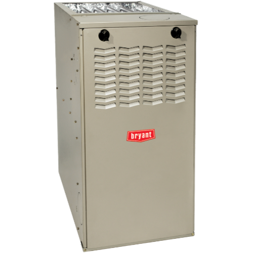 Beige Bryant furnace unit with vented front panel and visible duct opening on top