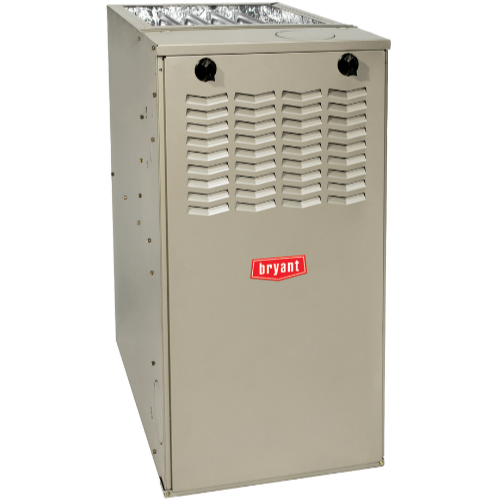 Beige Bryant furnace cabinet with front vents and red logo