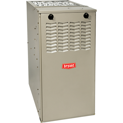Beige Bryant furnace cabinet with front vents and red logo