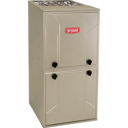 Beige Bryant furnace cabinet with vents on top and two front access panels
