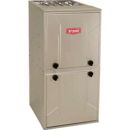Beige Bryant furnace unit with front panels and top vents
