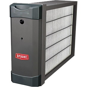 Gray Bryant air filter with pleated white sides and red logo