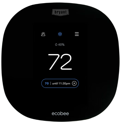Black Bryant Ecobee thermostat display showing 72°F and 40% humidity